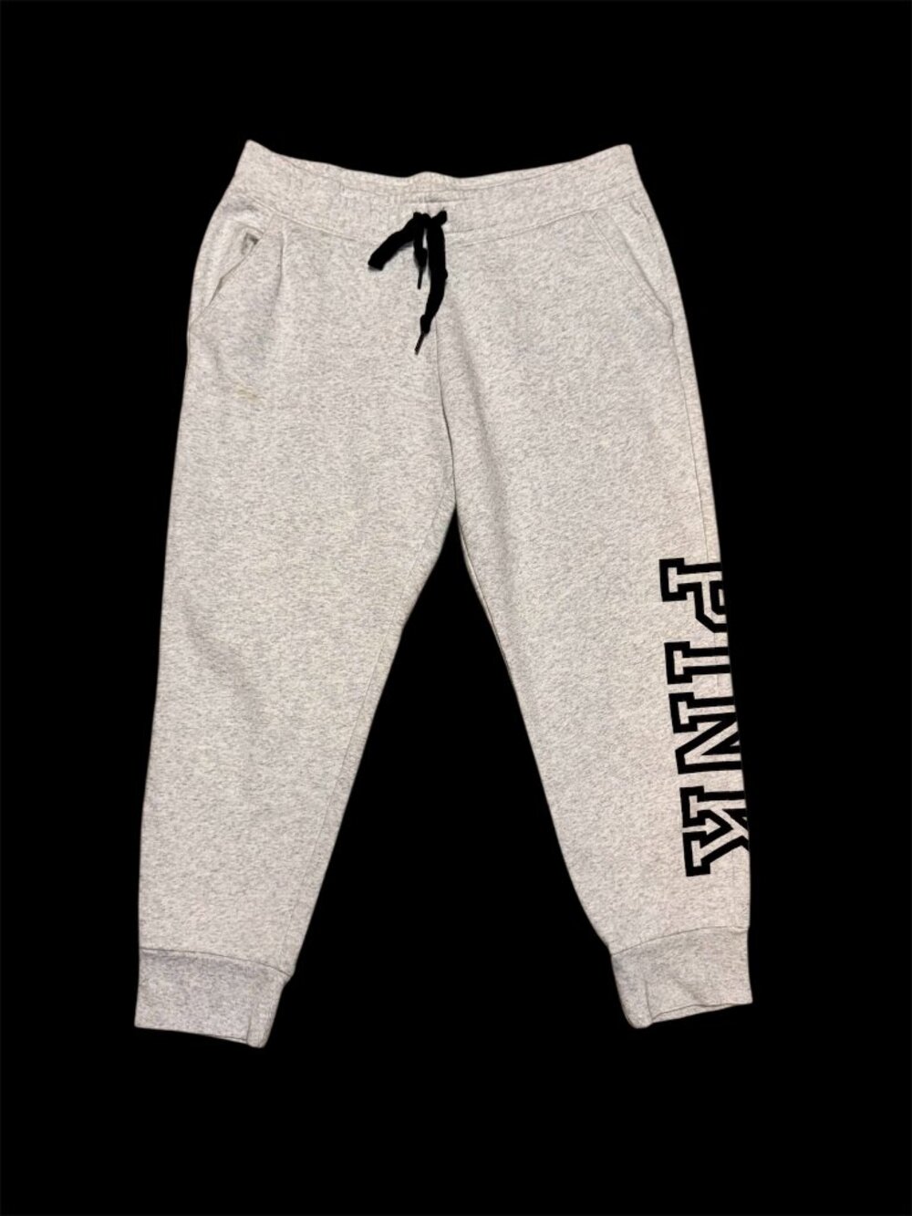 Victorias Secret PINK Gray Tapered Sweatpants Sz Large Joggers Logo SMALL STAIN